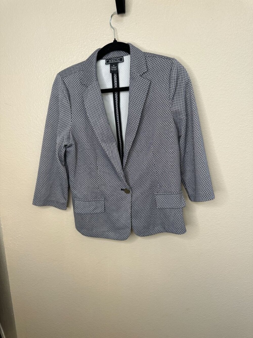 NYCC Womens 3/4 Sleeve Open Front Blazer Jacket M Black White Geometric Style